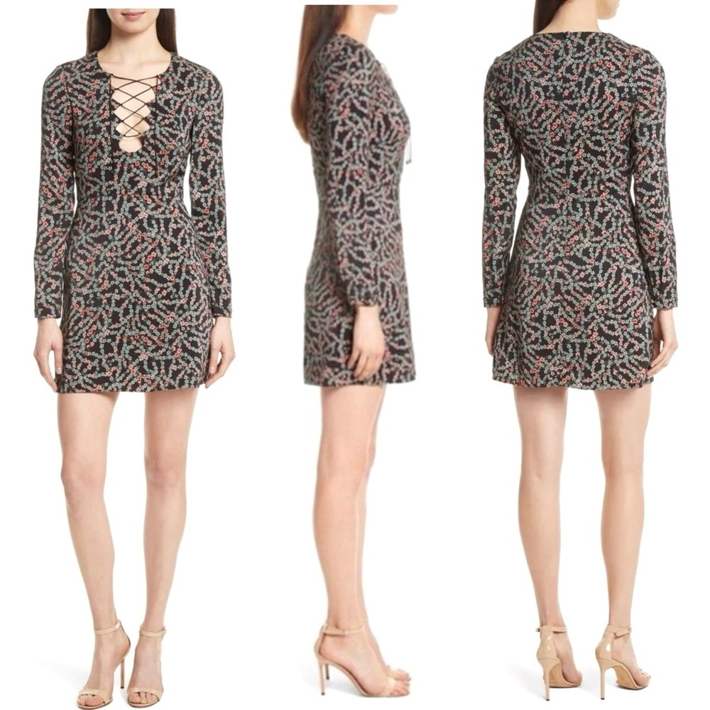 Saloni Nurul Floral Print lace-up V neck Long Sleeve Bodycon Mini Dress Size 6